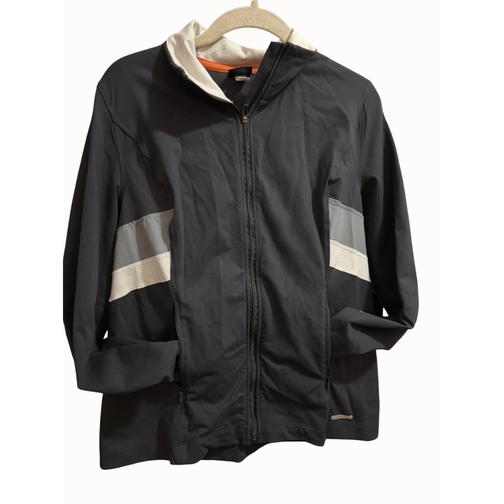 Victorias Secret VSX Womens Black Zip-Up Jacket W/ White & Gray Stripes M